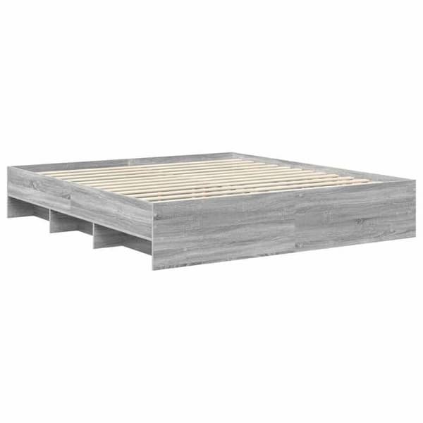 Sengestel - EKSKLUSIV HUS - 200 x 200 cm - Grå Sonoma - Ingeniørtræ - Integreret hovedgærde Gris Sonoma