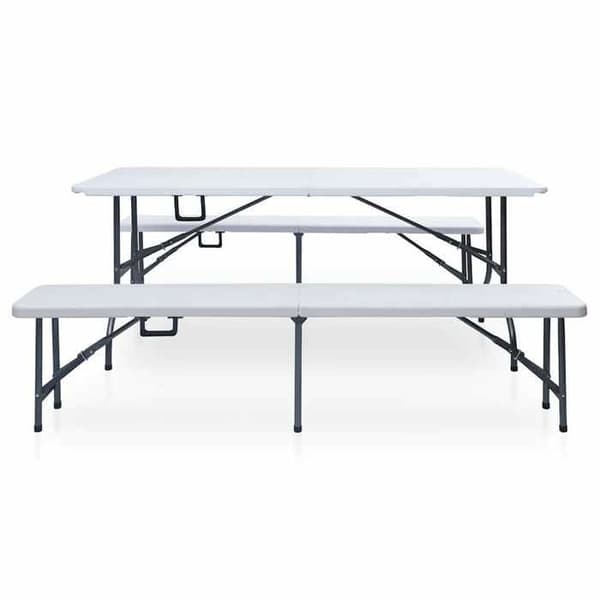 Fällbart bord och 2 bänkar - EXKLUSIV HEM - 180 cm - Målad stål - Hållbar PEHD - Vit Vit