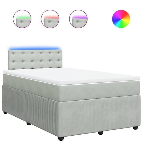 Sengestel med madras - 120x190cm - Lysgrå velour - Tilpasselige LED-lys - 2 pladser