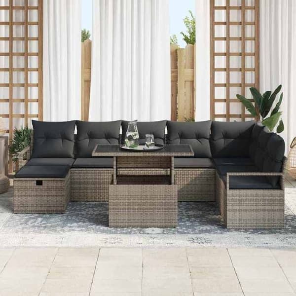 Trädgårdsmöbler 9 delar - EXKLUSIVT HEM - Modulär - Grå polyrotting - Justerbart bord - Dolda förvaringar Grå