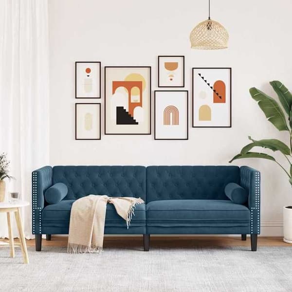 Sofa - EKSKLUSIVT HUS - Chesterfield - 3 pladser - Blå velour - Puder inkluderet Blå