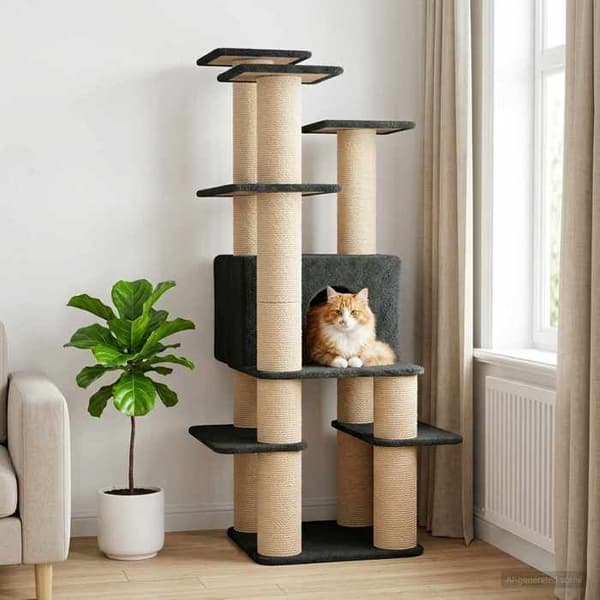 Kattetræ - EKSKLUSIVT HUS - 161 cm - Sisal stolper - Mørkegrå - Multi-niveau Mörkgrå