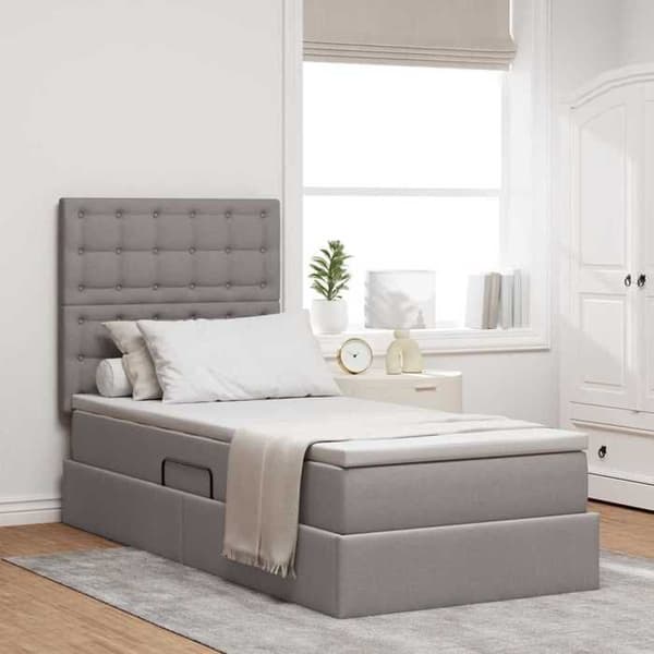 Sengestel med madras - EKSKLUSIV HUS - 100 x 200 cm - Taupe - Kunstlæder - Hydraulisk side løftemekanisme Mol