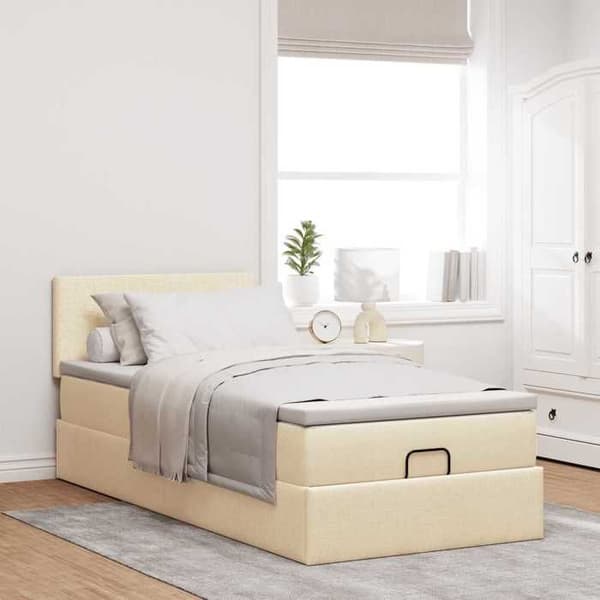 Maison Exclusive - Ottoman-vuode vaalean kermanvärisellä patjalla 100x200 cm kangas grädde, vit