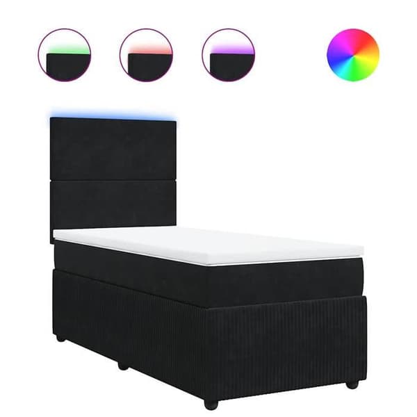 Sengramme med madras - Eksklusivt Hjem - 90x190 cm - Sort Velour - Tilpasselige LED-lys