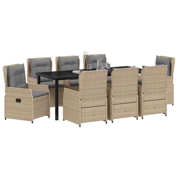 Havemøbler - EKSKLUSIVT HUS - 9 dele - Poly rattan - Glasbord - Multi-position rygstøtter Beige och ljusgrå
