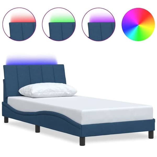 Sengestel - EKSKLUSIV HUS - Hanko - 100 x 200 cm - Blå stof - Indbyggede LED Blå