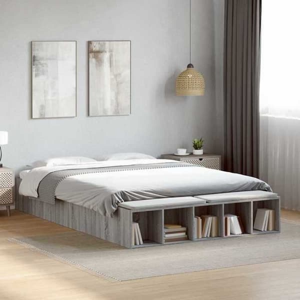 Sengestel - EKSKLUSIV HUS - 150 x 200 cm - Sonoma grå - Med opbevaring - Lamelseng Sonoma grå