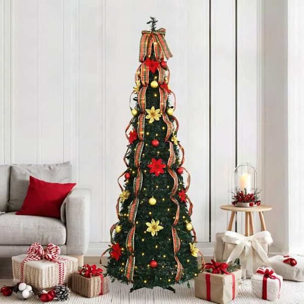 Kunstig juletræ - EKSKLUSIV HUS - Art Deco - 215 cm - 200 forudbelyste LED - USB pop-up foldbart Grön