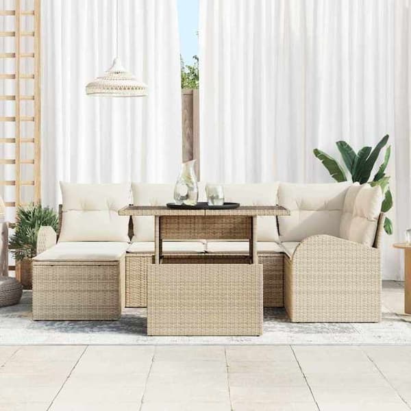 Maison Exclusive - 7 osan beige ja kerma polyrottinkinen puutarhakalustesetti