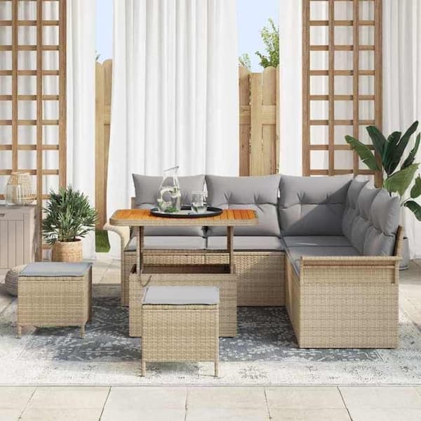 Trädgårdsmöbler - EXKLUSIVT HUS - Set 8 delar - Beige - Polyrotin & akacia - Justerbart bord beige