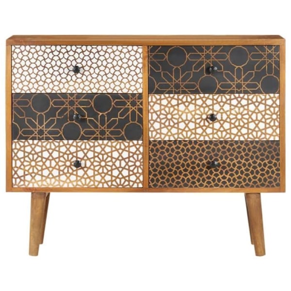 Sideboard - Massivt mangoträ - Tryckt mönster - 6 lådor - Brun Brun