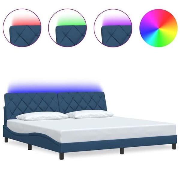 Sengestel - EKSKLUSIV HUS - 200 x 200 cm - Blå stof - Indbyggede LED - Lamelseng Blå