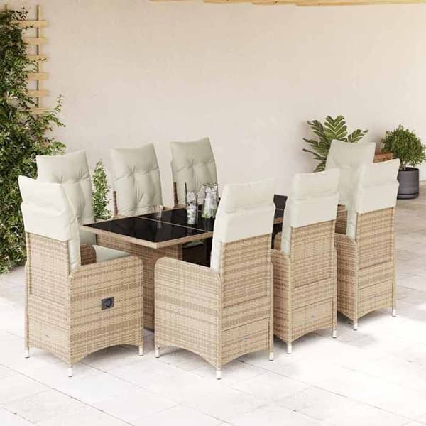 Ensemble bistro - EKSKLUSIVT HUS - 9 dele - Poly rattan - Beige puder - Tempereret glasplade beige
