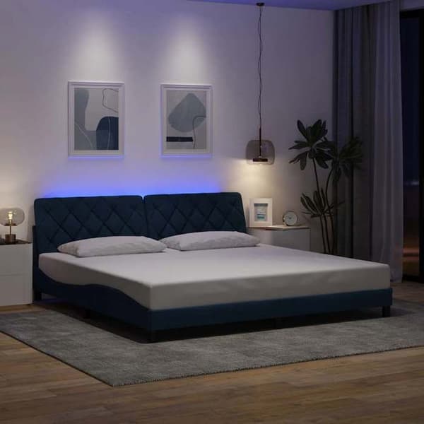 Sengestel - EKSKLUSIV HUS - 200 x 200 cm - Blå stof - Indbyggede LED - Lamelseng Blå