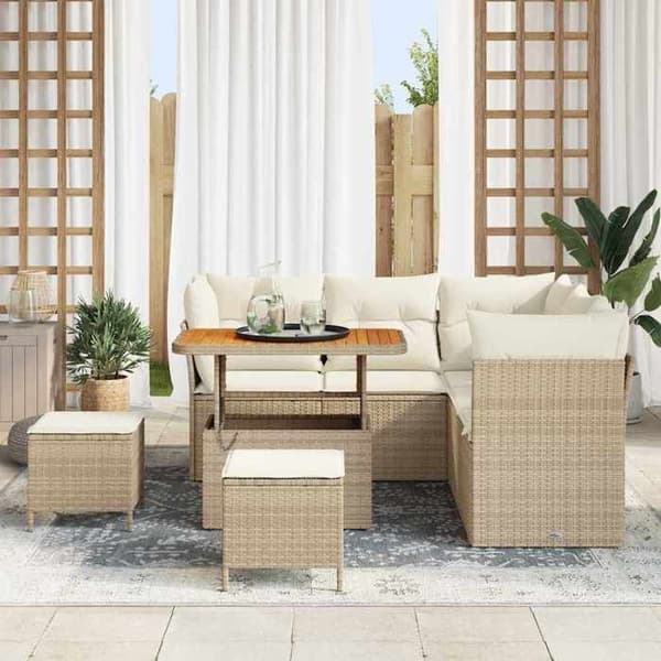 Modulär trädgårdsoffa - EXKLUSIV HEM - 8 delar - 5 platser - Poly rattan & akacia - Justerbart bord