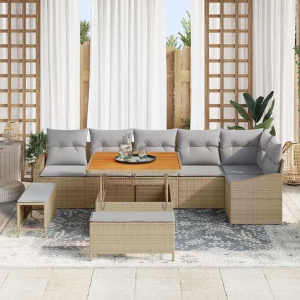 Trädgårdsmöbler - MAISON EXCLUSIVE - Set med 9 delar - Beige - Poly rattan & lackad stål - Justerbart akaciabord beige