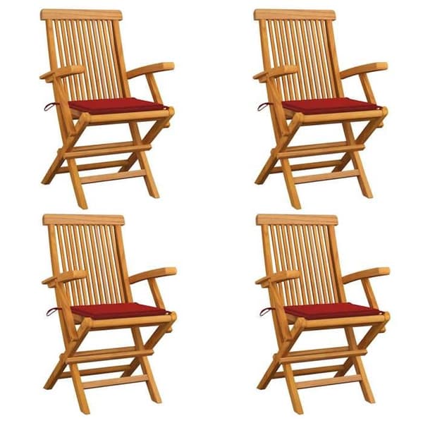 Trädgårdsstolar - EXKLUSIVT HEM - Set om 4 - Massivt teak - Fällbara - Röda kuddar Röd (kuddar)
