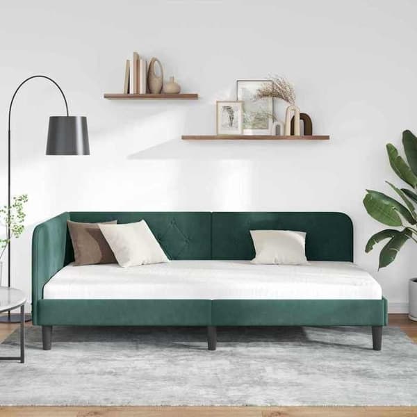 Hjørneseng - EKSKLUSIV HUS - 90 x 200 cm - Mørkegrønt velour - Vendbar armlæn - Lamelseng Mörkgrön