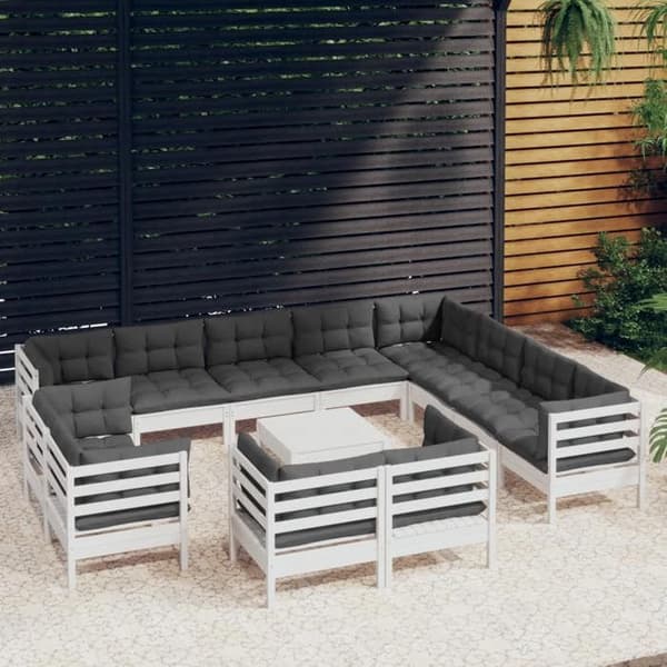 Maison Exclusive - Havegruppe 13 stk med hvide puder, solid fyrretræ Vit