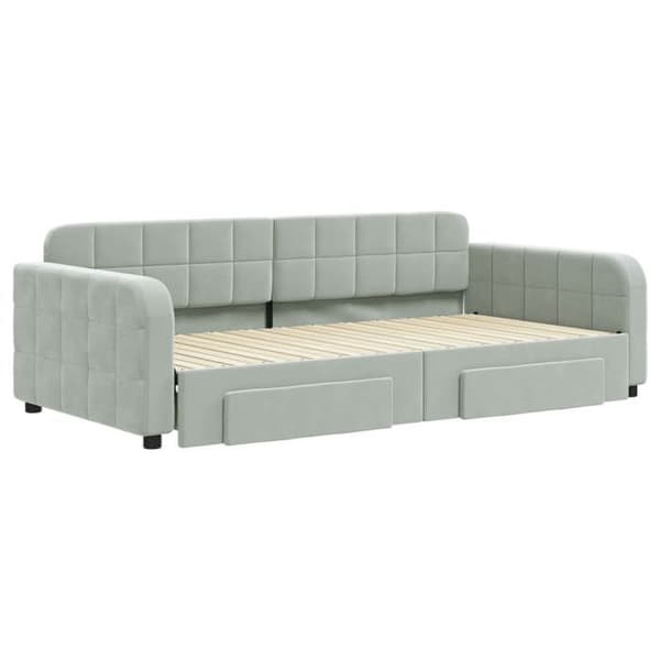 Dagseng - EKSKLUSIV HUS - Sovesofa 100x200 cm - Grå velour - 2 skuffer - Træ/metal ramme