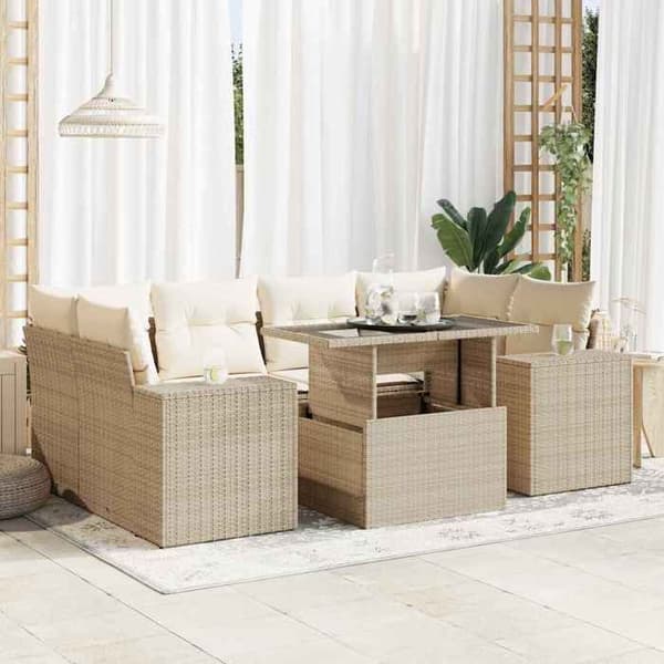 Maison Exclusive - Puutarhakalusteet tyynyillä 7 kpl beige punottu muovi