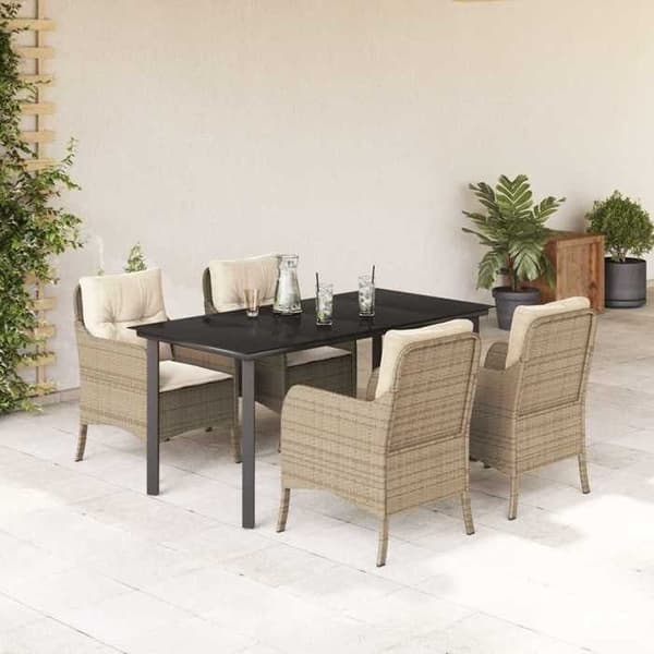 Sæt med bord og stole - EKSKLUSIV HUS - 5 dele - Beige - Poly rattan - Tempereret glasplade beige