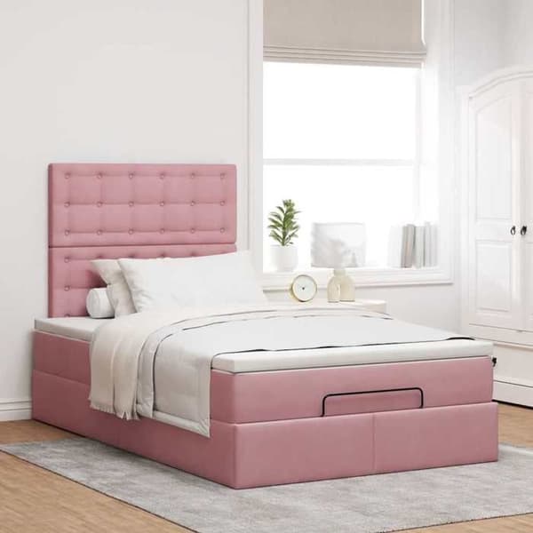 Ottoman sängram - Exklusivt hem - Rosa sammet - 120x200 cm - Hydraulisk förvaring Rosa