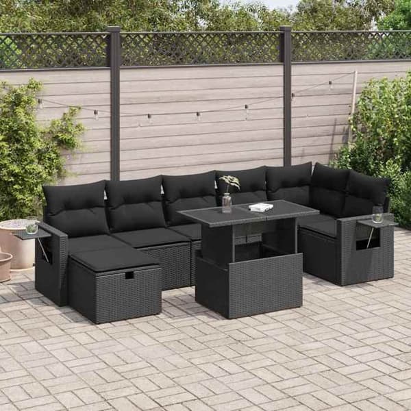 Maison Exclusive - 8 dele havegruppe med sorte puder i flettet harv