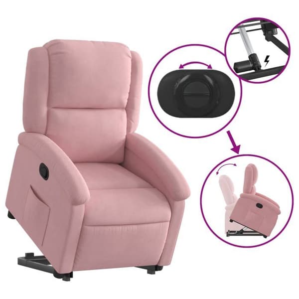 Fällbar fåtölj - EXKLUSIV HEM - Rosa Sammet - Elektrisk lyft - Lutning 135° - Sidoficka Rosa (sammet)