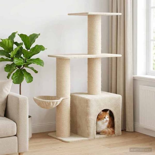 Katte træ - EKSKLUSIV HUS - 133 cm - Creme - Sisal stolper - Multi-niveauer Grädde