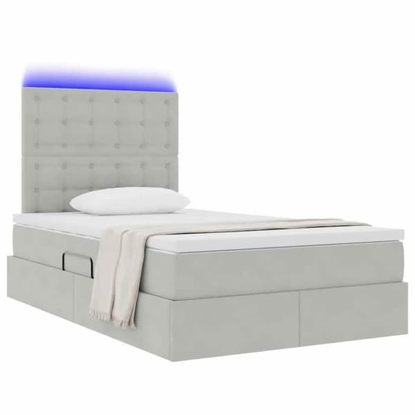 Sängram med madrass - EXKLUSIV HEM - 120 x 200 cm - Ljusgrå sammet - LED USB - Förvaringslåda Ljusgrått