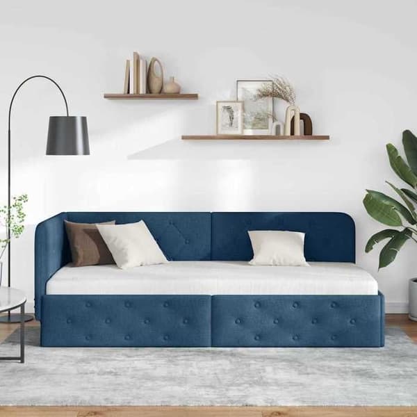 Sängram i hörn - EXKLUSIV HEM - 80 x 200 cm - Blå - Polyester tyg - Konvertibel soffa-säng Blå
