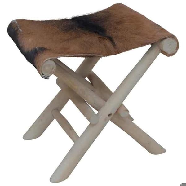 Maison Exclusive - Fällbar pall i getskinn och massiv teakträ