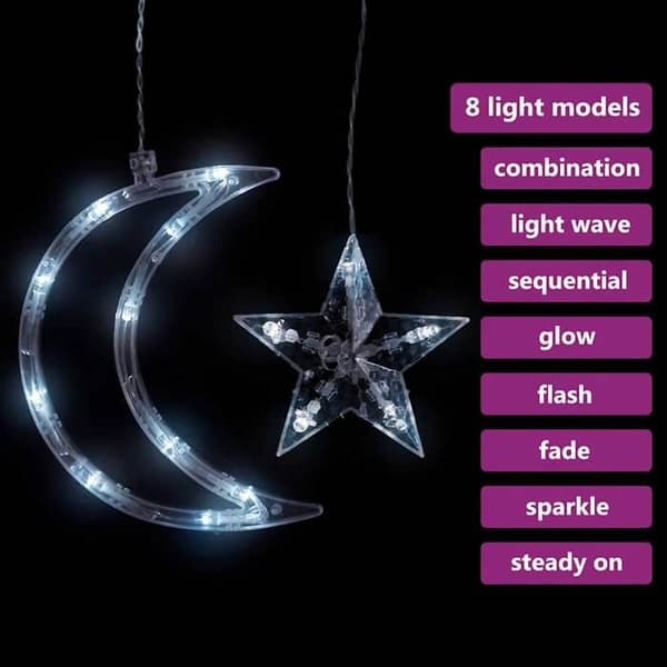 Lysguirlande - EKSKLUSIV HUS - Stjerne & Måne - 138 LED - 8 effekter - 3 m USB 5V kabel