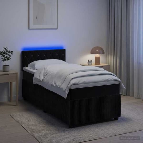 Sengestel med madras - EKSKLUSIV HUS - Boxspring seng - Sort velour - 100 x 200 cm - Justerbar hovedgærde & LED Svart