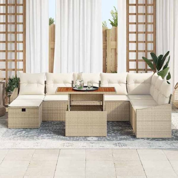 Trädgårdsmöbler - EXKLUSIVT HUS - 9 delar - Beige - Poly rattan - Justerbart höjd bord beige