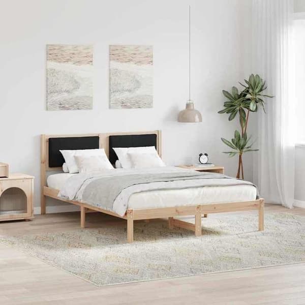 Sengestel - EKSKLUSIV HUS - 160 x 200 cm - Sort - Massiv fyr - Polyester hovedgærde Svart