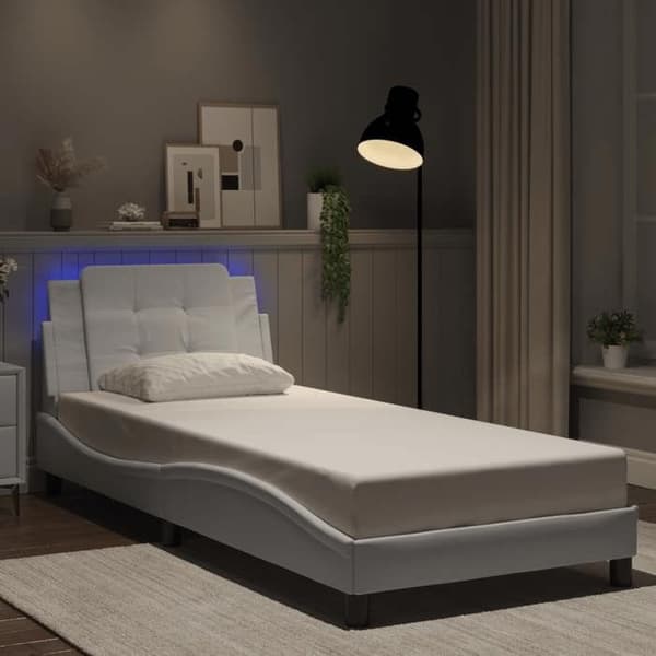 Sengestel - EKSKLUSIV HUS - Zadar - Indbygget LED - Hvid kunstlæder - 90x200 cm Vit