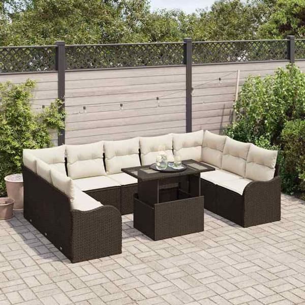 Trädgårdsoffmöbel - EXKLUSIVT HUS - 9 platser - Brun - Poly rattan & stålram - Modulärt set 10 delar brun