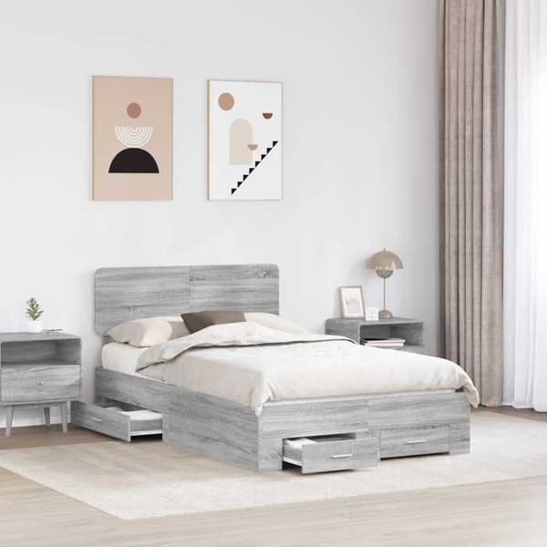 Sengestel - EKSKLUSIV HUS - Grå Sonoma - 120 x 200 cm - Ingeniørtræ - Skuffeopbevaring Gris Sonoma