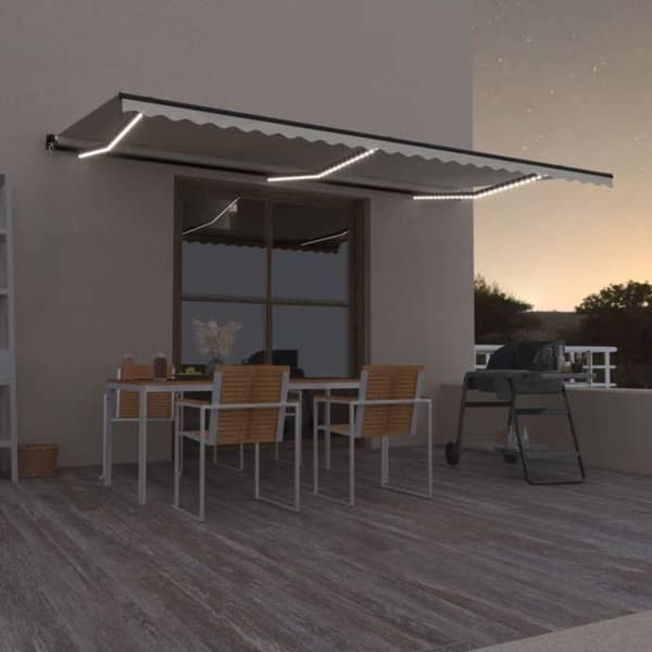 Fällbart tak - EXKLUSIVT HUS - 600x350 cm - Manuell - Solenergi LED - Pulverlackerad aluminium, PU-duk Grädde