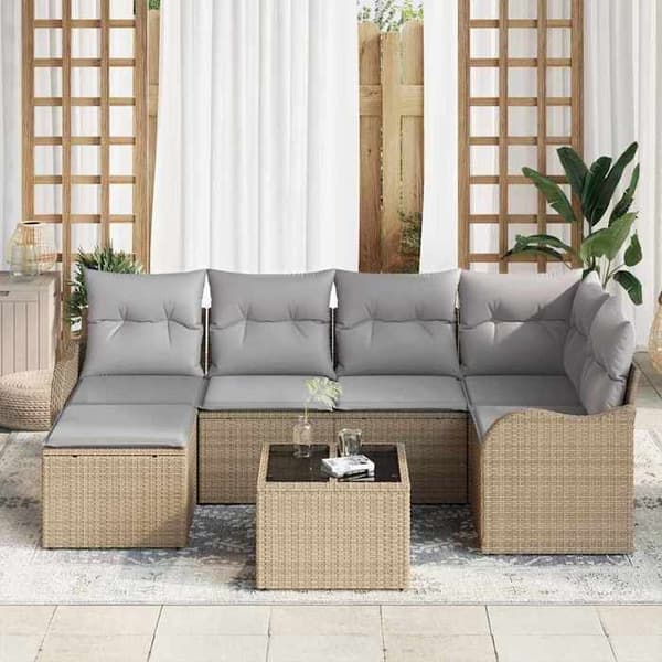 Modulär trädgårdssoffa - EXKLUSIV HEM - 7 delar - Beige & ljusgrå - Poly rattan - Behandlad stålram Beige och ljusgrå