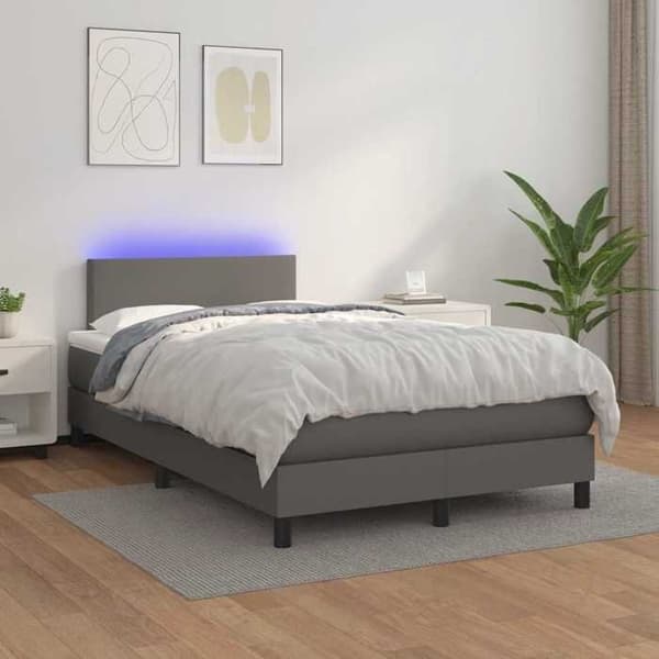 Polstret sengestel - Eksklusivt hus - Grå kunstlæder - 120x190 cm - Lamelseng med LED