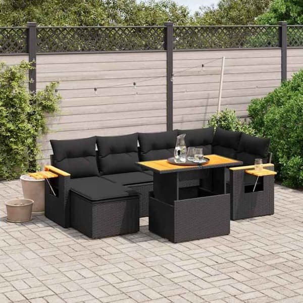 Maison Exclusive - Havegruppe 7 dele med sorte puder i flettet harv