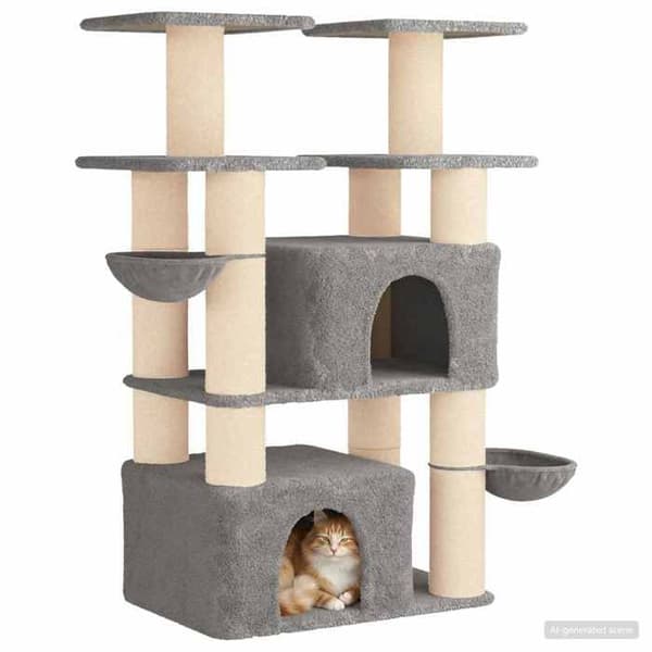 Kattetræ - EKSKLUSIVT HUS - 147 cm - Sisal søjler - Indbygget condo - Multi-platforme Ljusgrått