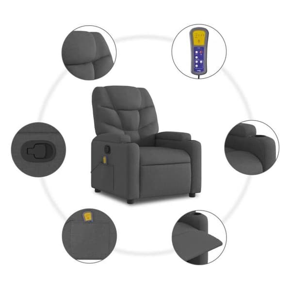 Lænestol - EKSKLUSIV HUS - Relax Massage - 6 punkts massage USB - Mørkegrå stof - Kopholder Mörkgrå