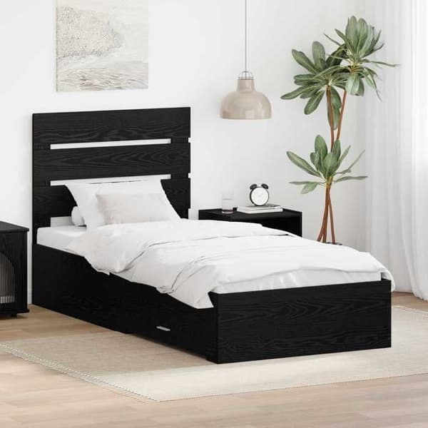 Sengestel - EKSKLUSIV HUS - 100 x 200 cm - Sort eg - Ingeniørtræ - Indbyggede skuffer svart ek