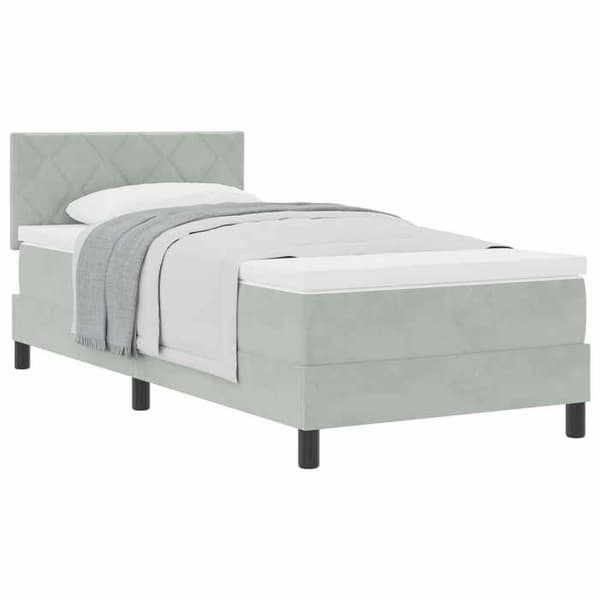 Fjederseng - EKSKLUSIV HUS - 90 x 200 cm - Lys grå - Velour & træ - Justerbar hovedgærde Ljusgrått