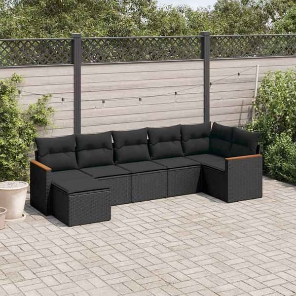 Maison Exclusive - Havegruppe 7 dele med sorte puder i flettet harv